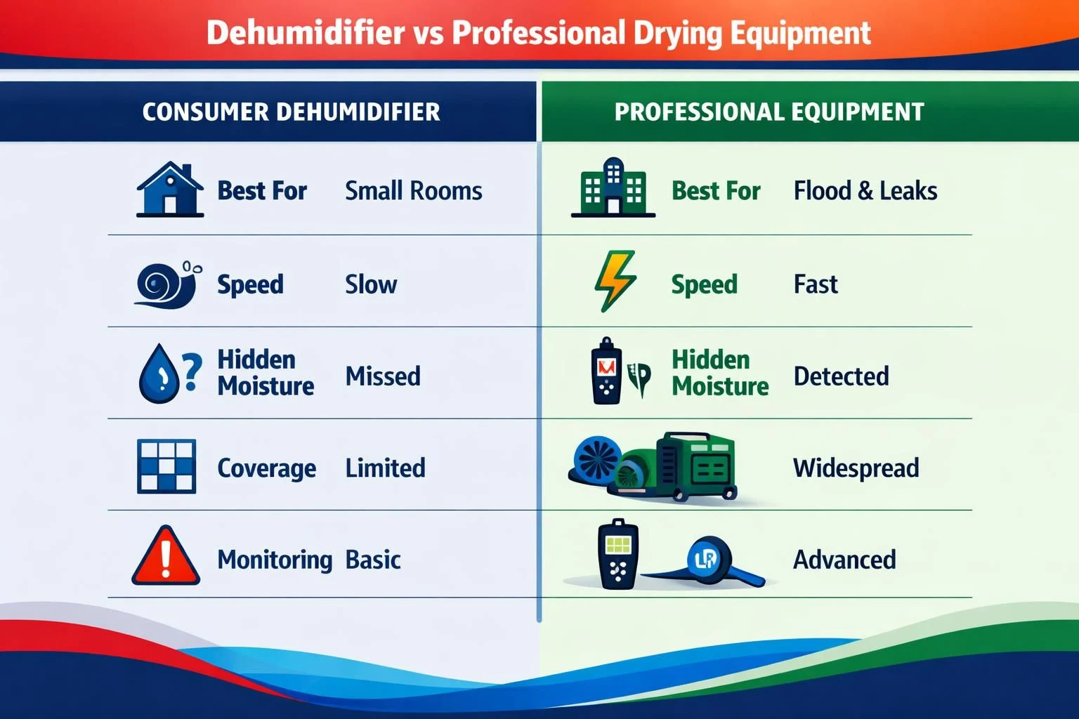 Comparison chart of consumer dehumidifier and professional drying equipment