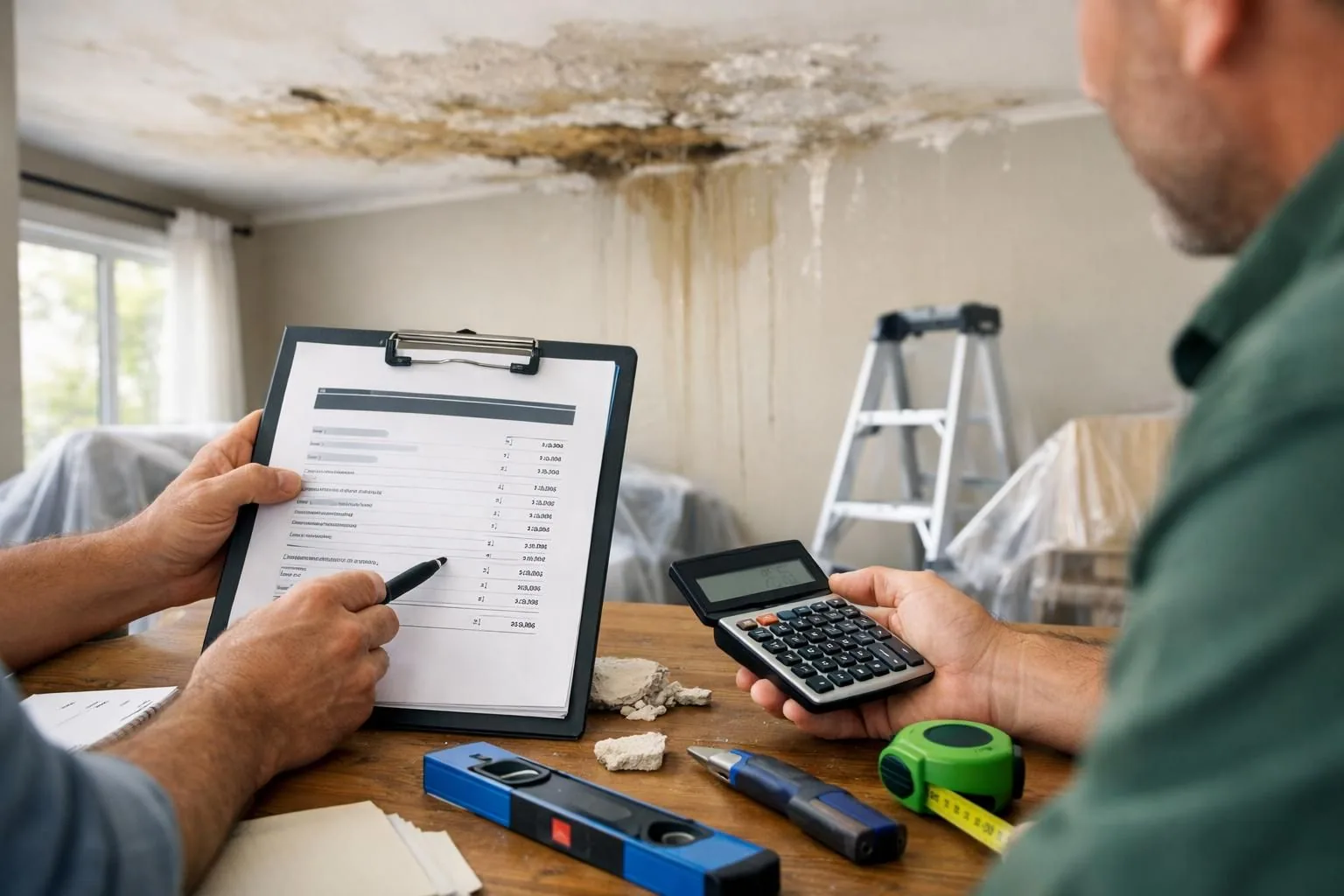 Contractor reviews repair estimate under water-damaged ceiling