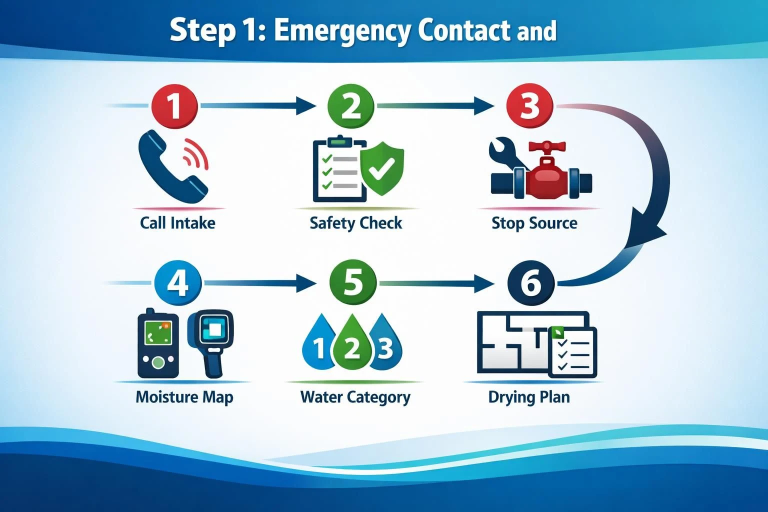 Infographic showing six steps for emergency contact and drying