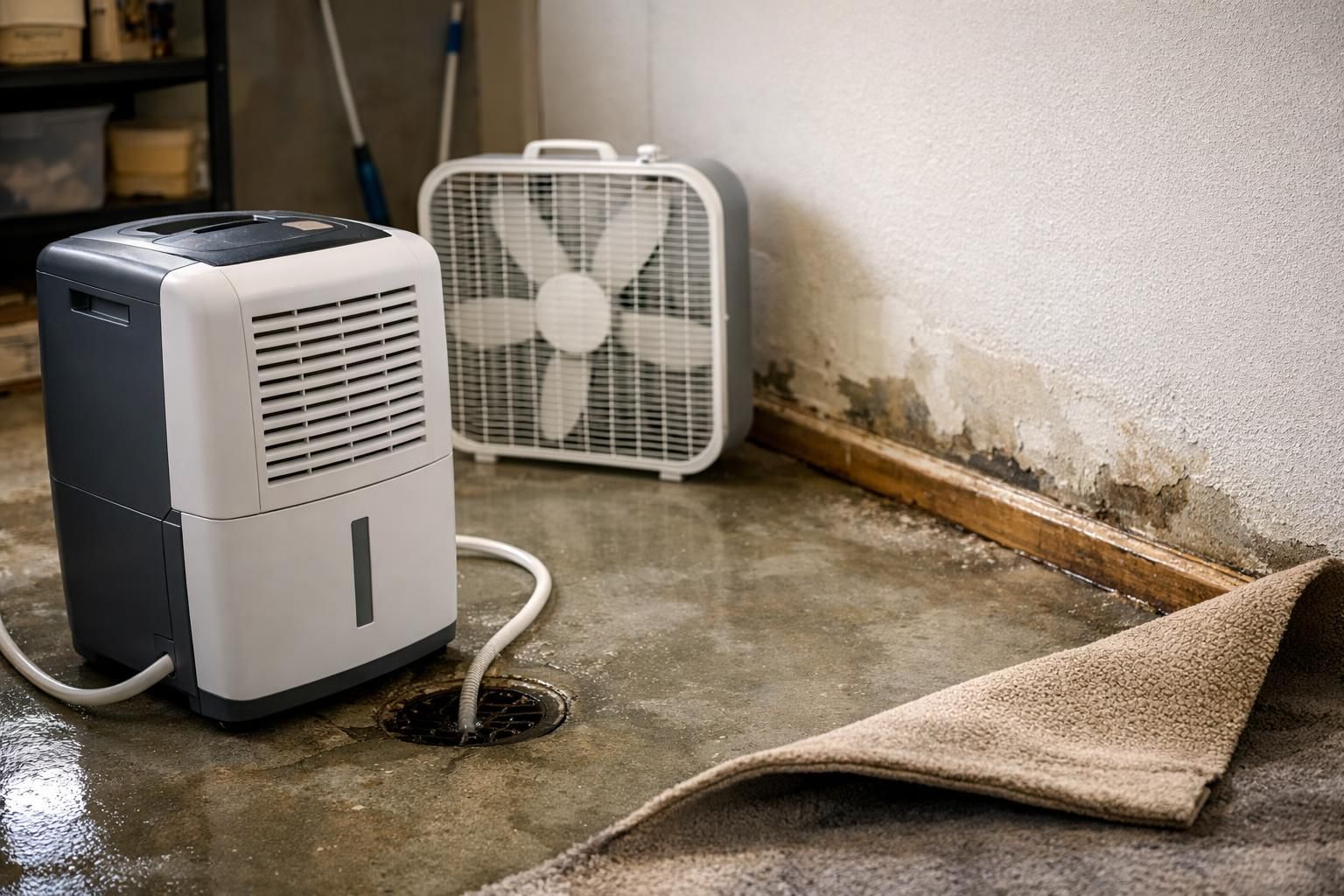 Dehumidifier and box fan drying damp basement floor and wall