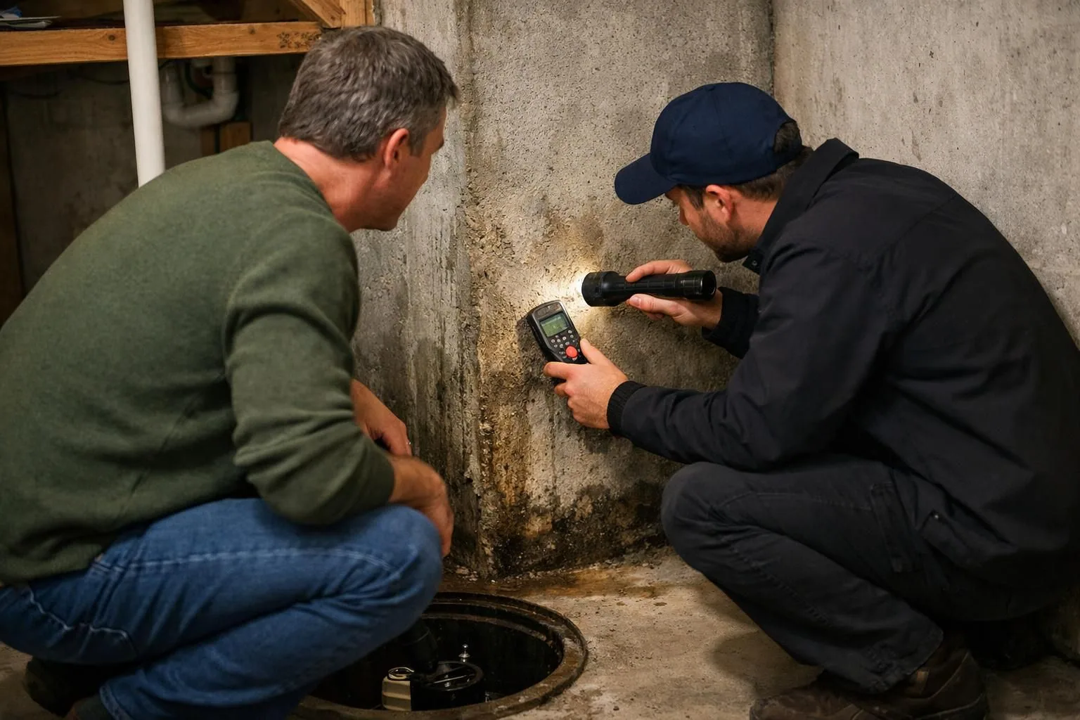 Two men inspect basement wall using flashlight and meter