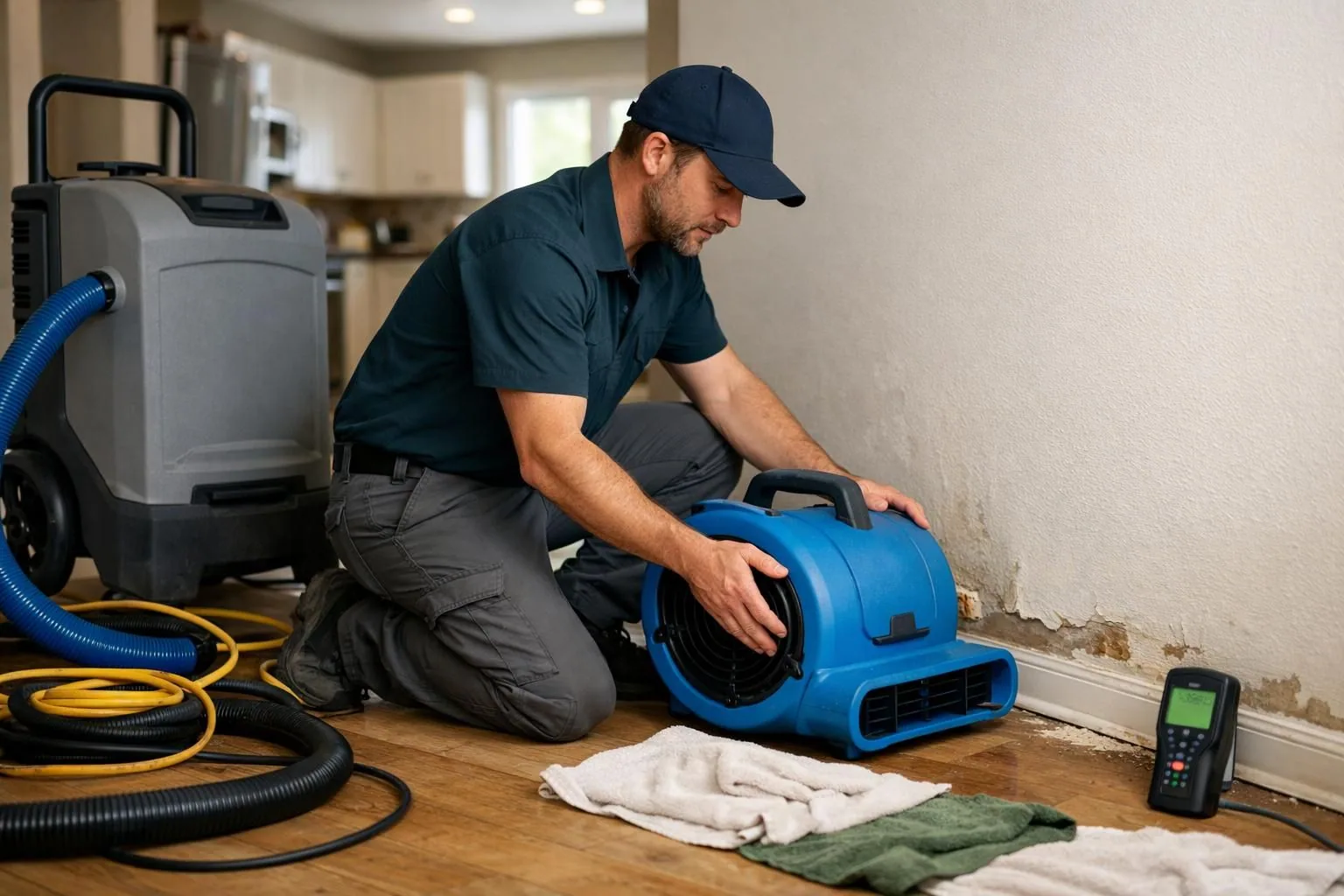 Technician kneeling, positioning blue air mover by damaged wall