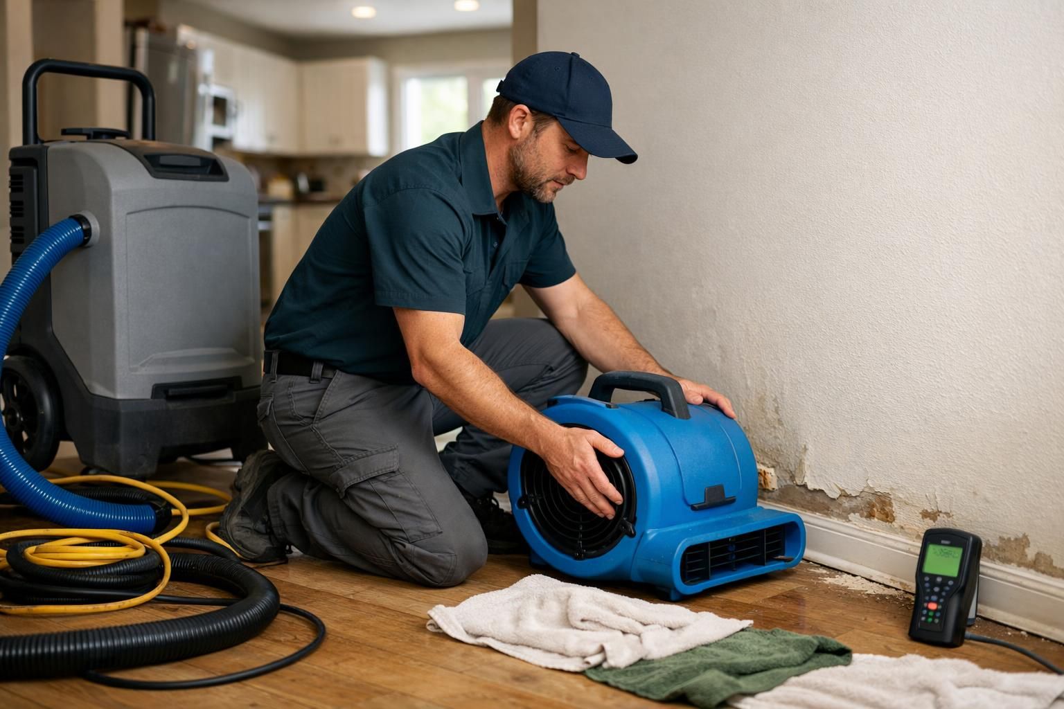 Technician kneeling, positioning blue air mover by damaged wall