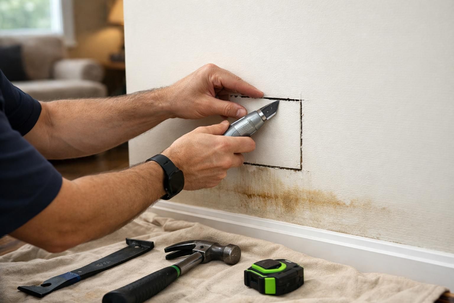 Hands cutting rectangular drywall section above water-stained wall