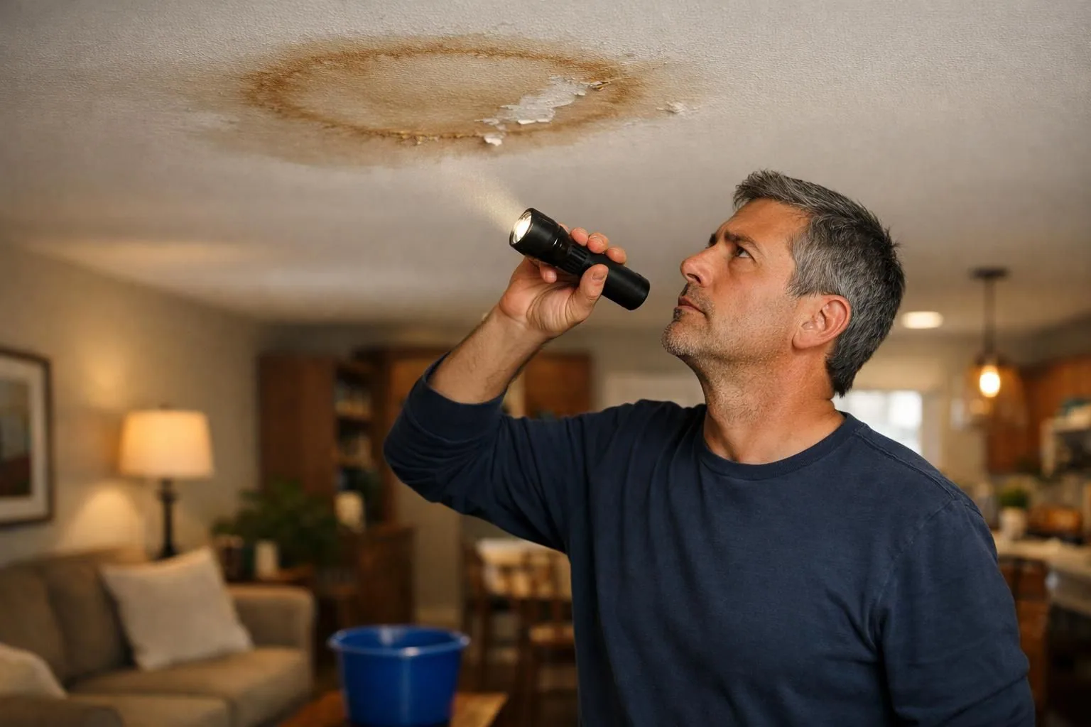 Man shines flashlight at brown water stain on ceiling