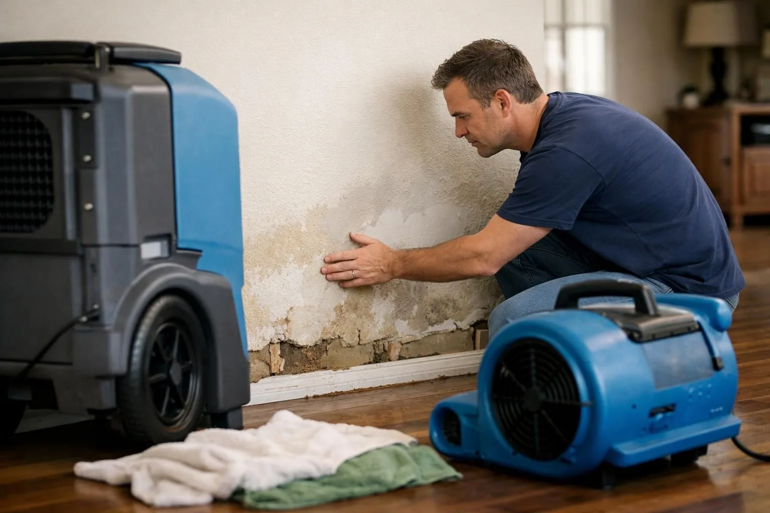 Man inspecting water-damaged wall beside blue drying fans