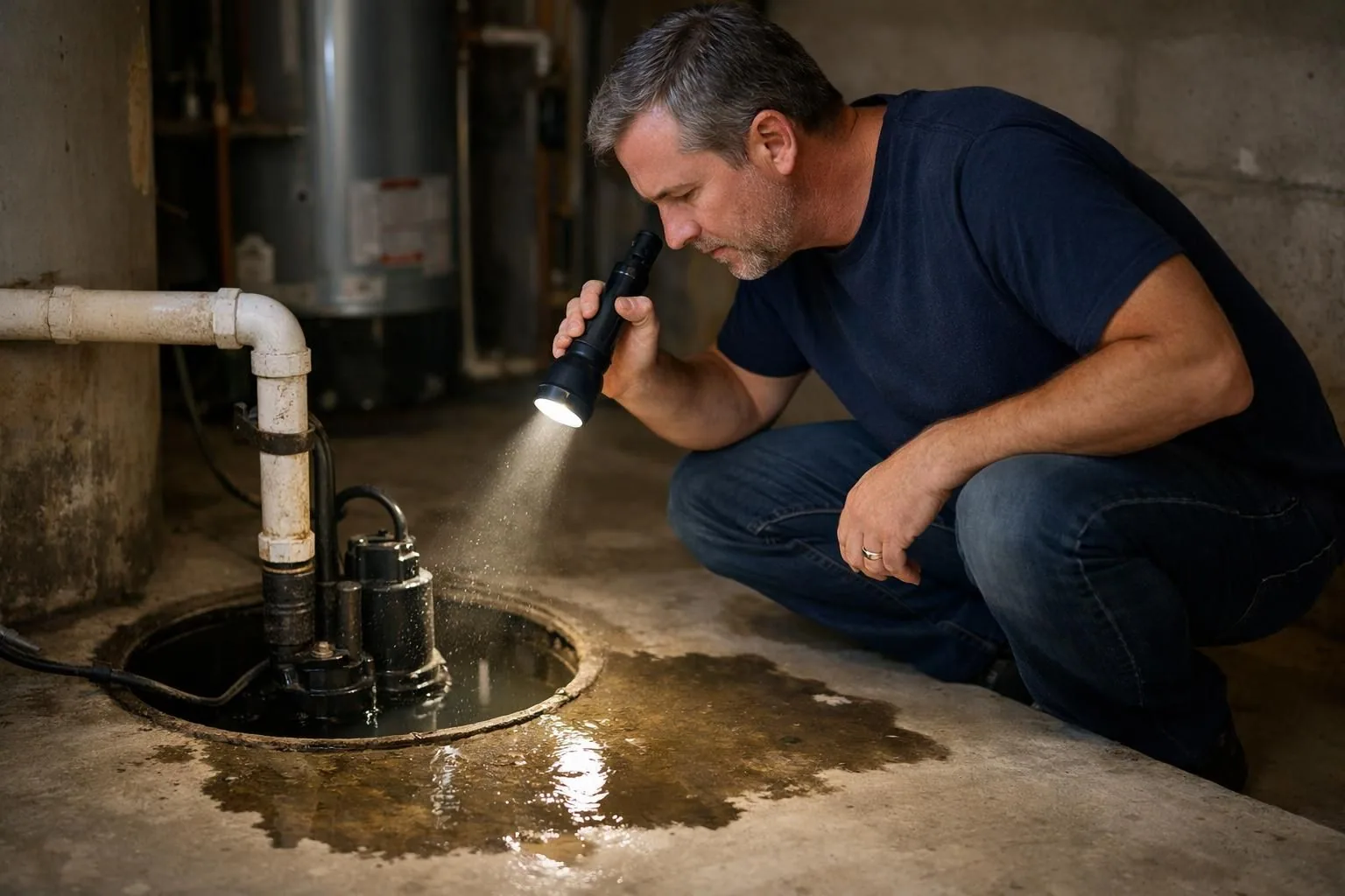 Man using flashlight to inspect sump pump pit leak