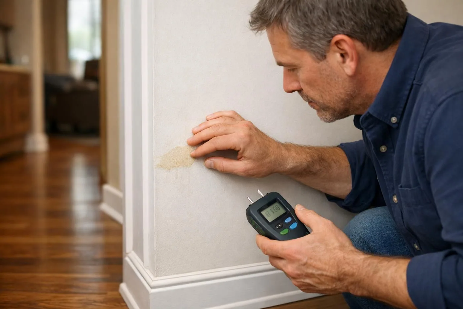 Man checking wall stain with handheld moisture meter