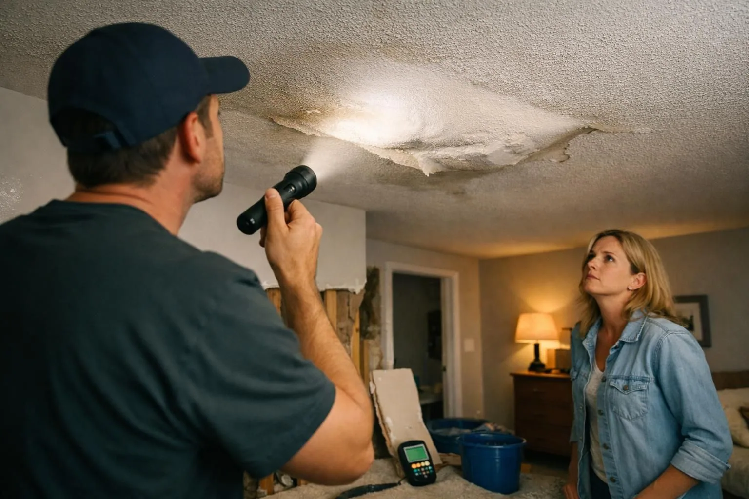 Man shines flashlight on water-damaged ceiling as woman watches