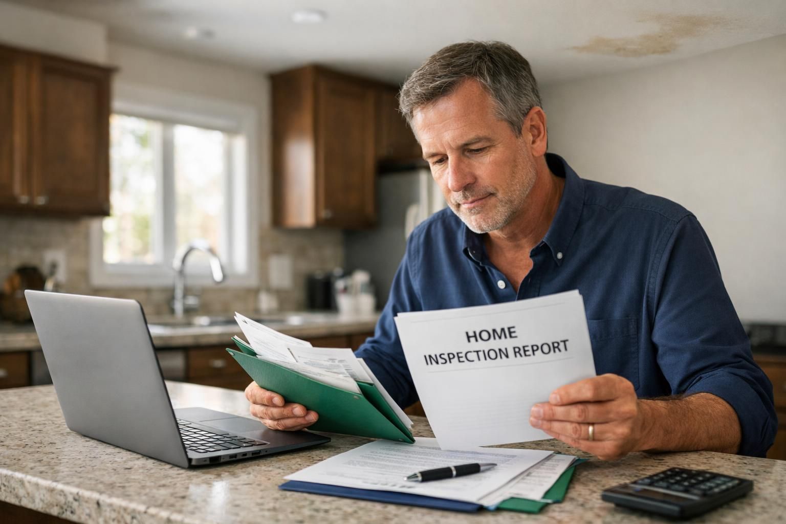 Man reviewing home inspection report at kitchen counter