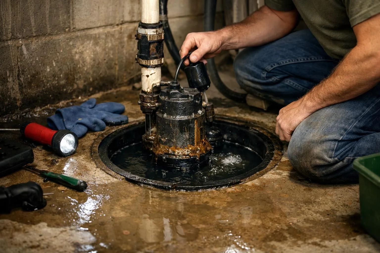 Plumber inspecting sump pump in flooded basement pit