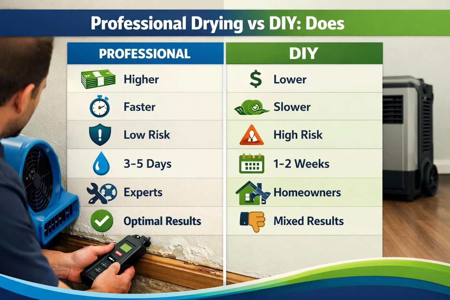 Comparison chart of professional drying versus DIY drying options