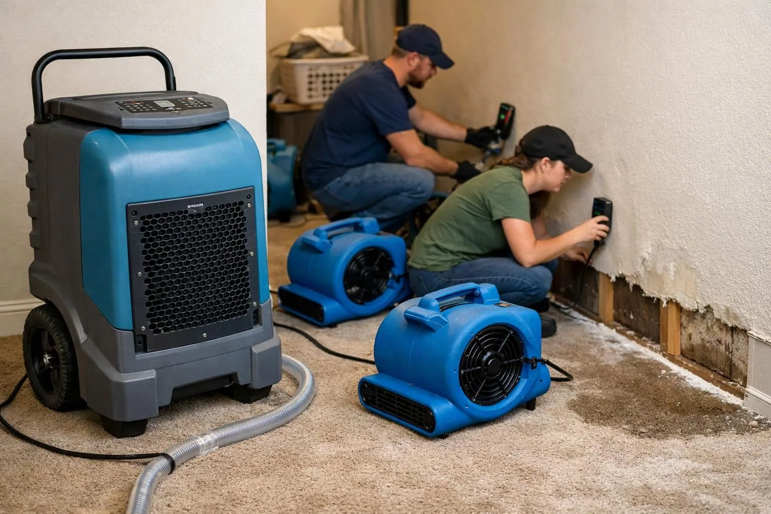 Technicians inspecting wall moisture with blue drying fans