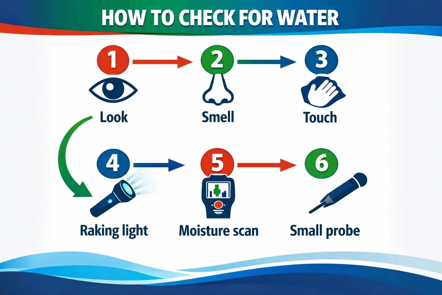 Infographic showing six steps to check for water