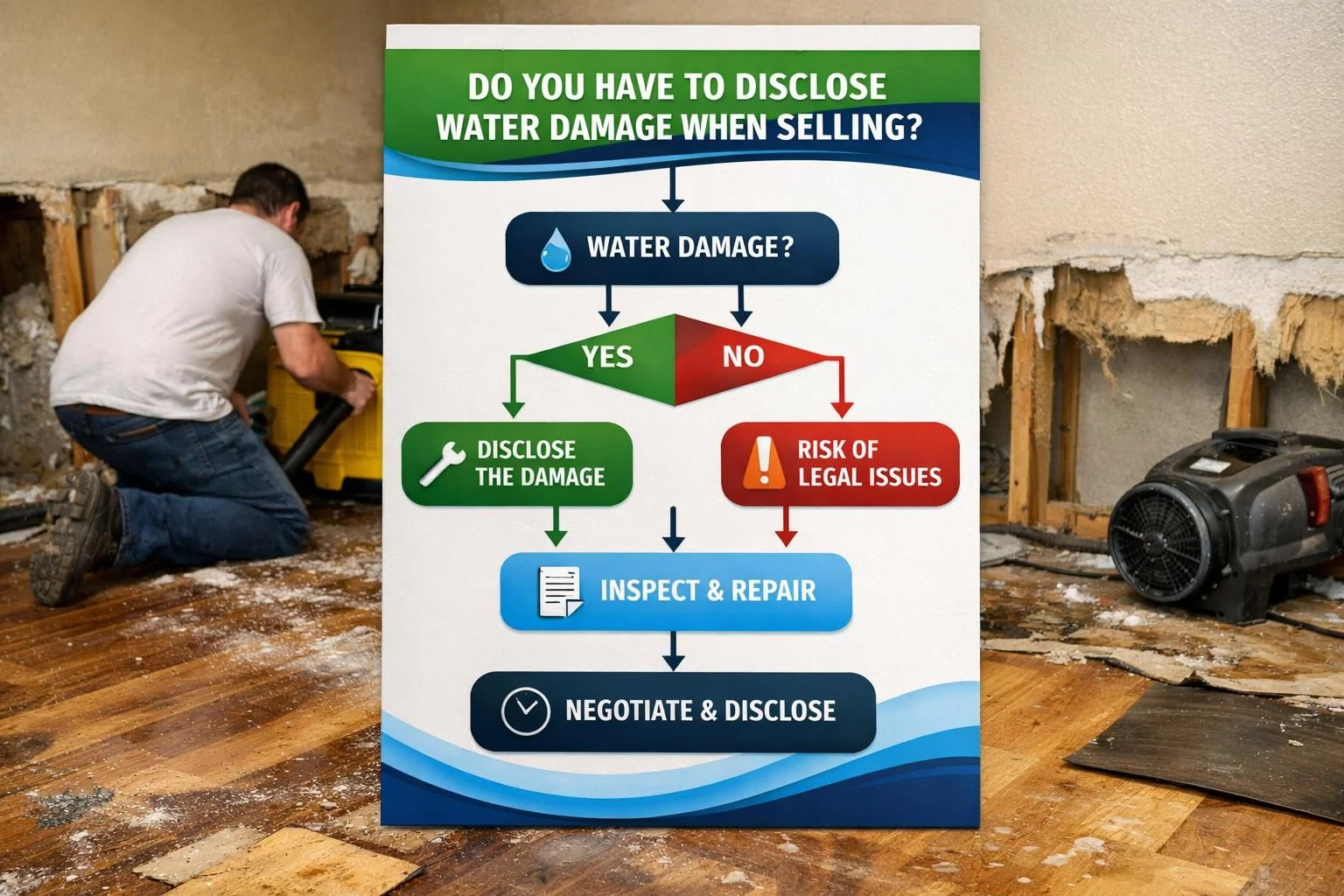 Water damage disclosure flowchart over flooded home repair scene