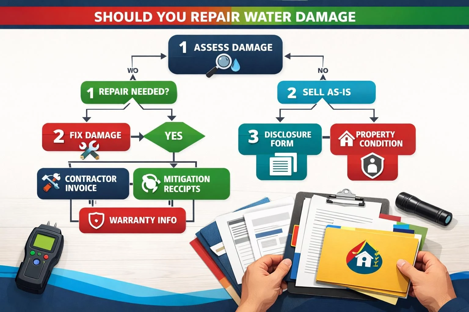 Water damage repair decision flowchart with documents and tools