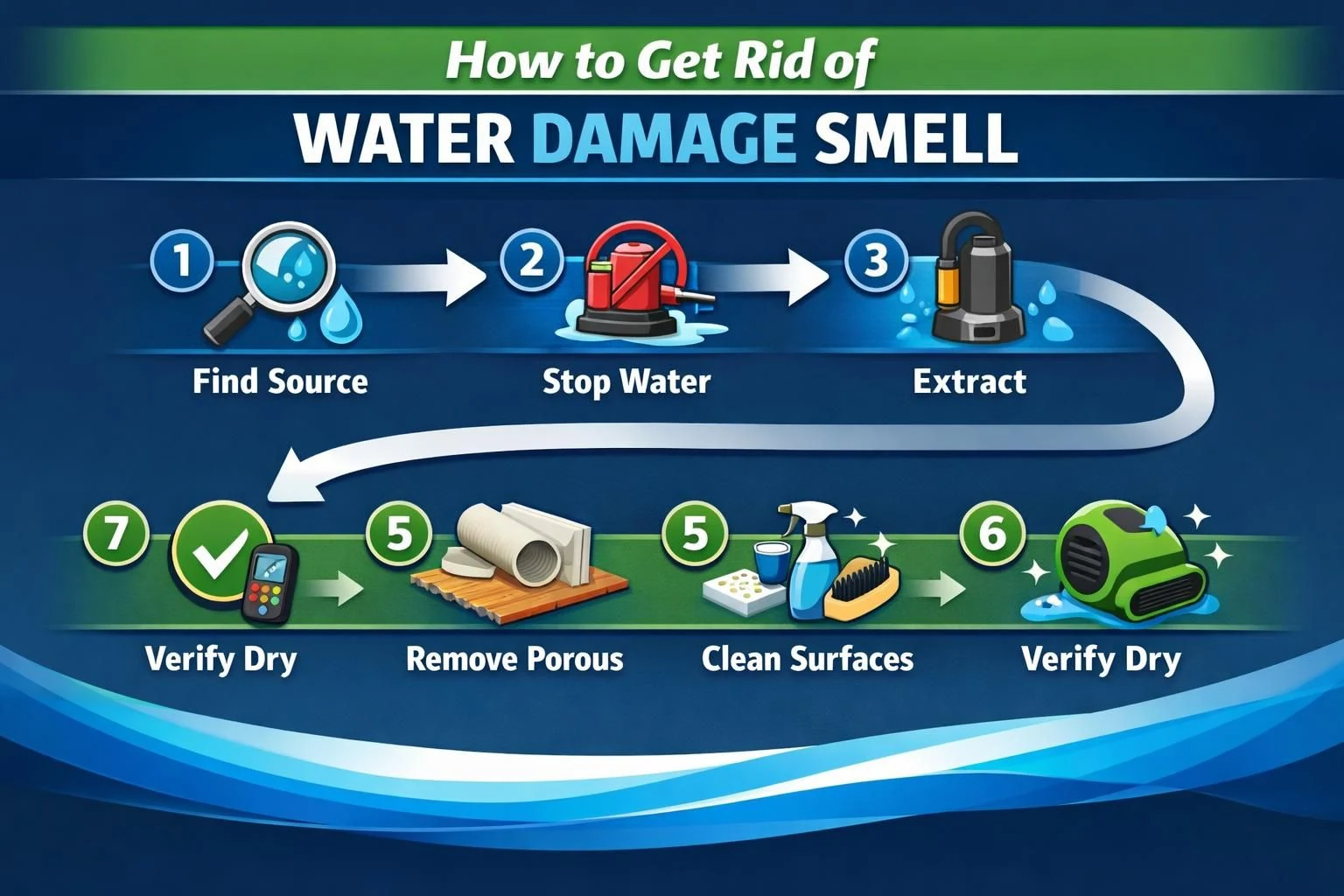 Infographic steps to remove water damage smell with icons