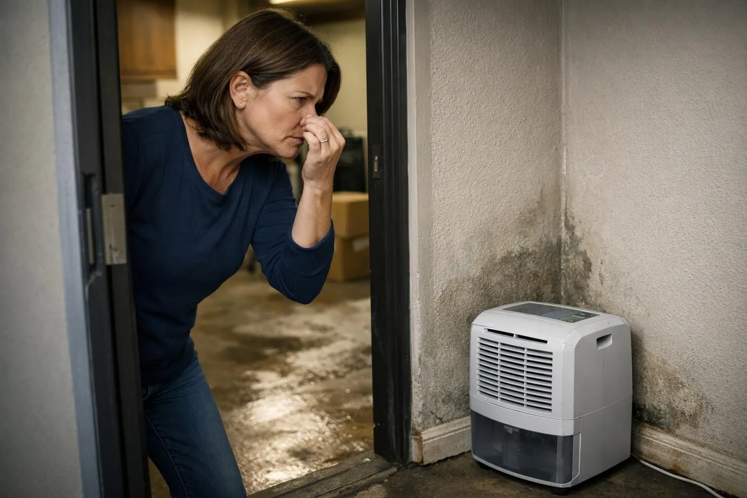 Woman pinching nose near moldy wall and dehumidifier