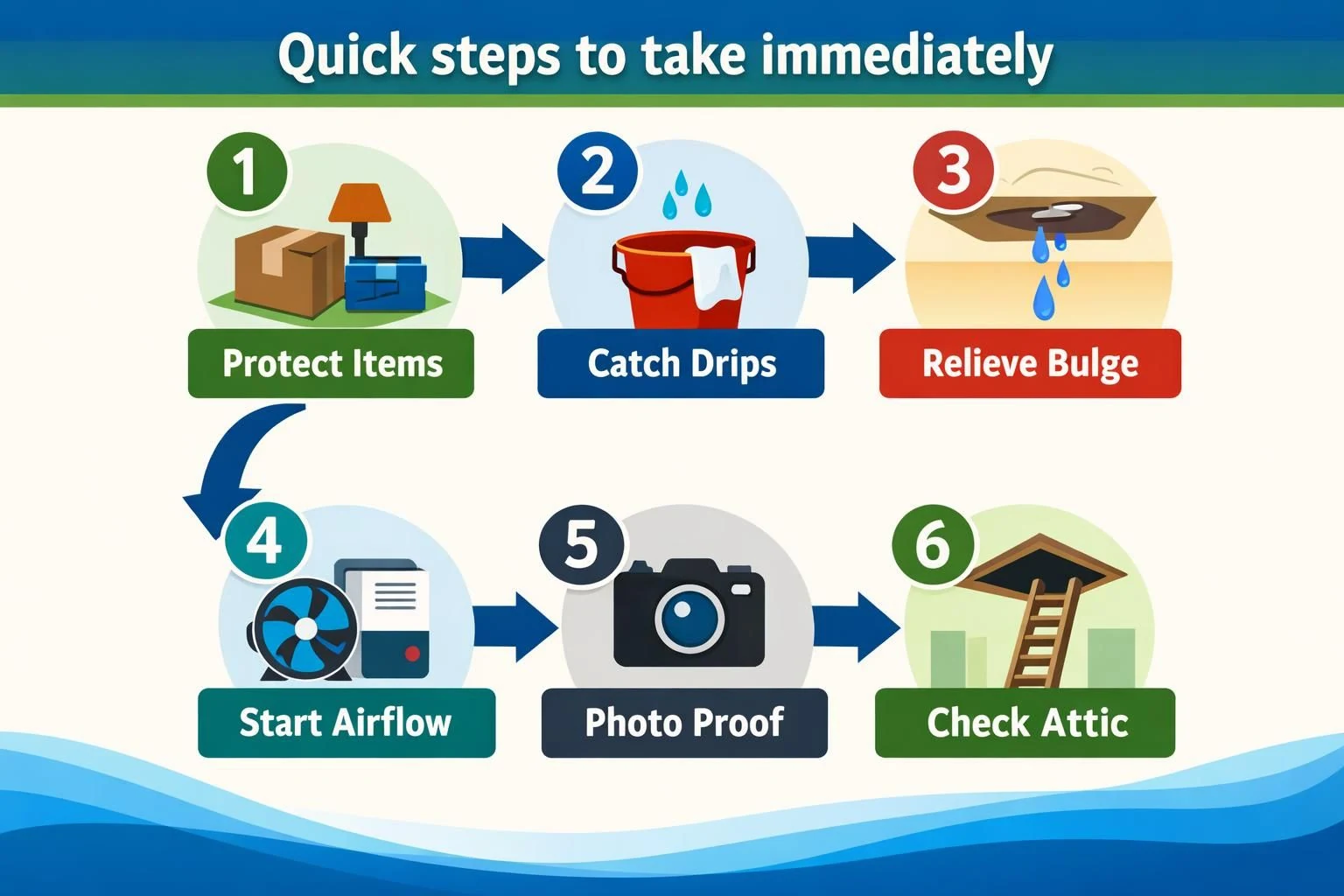 Infographic showing six steps for handling ceiling water leak