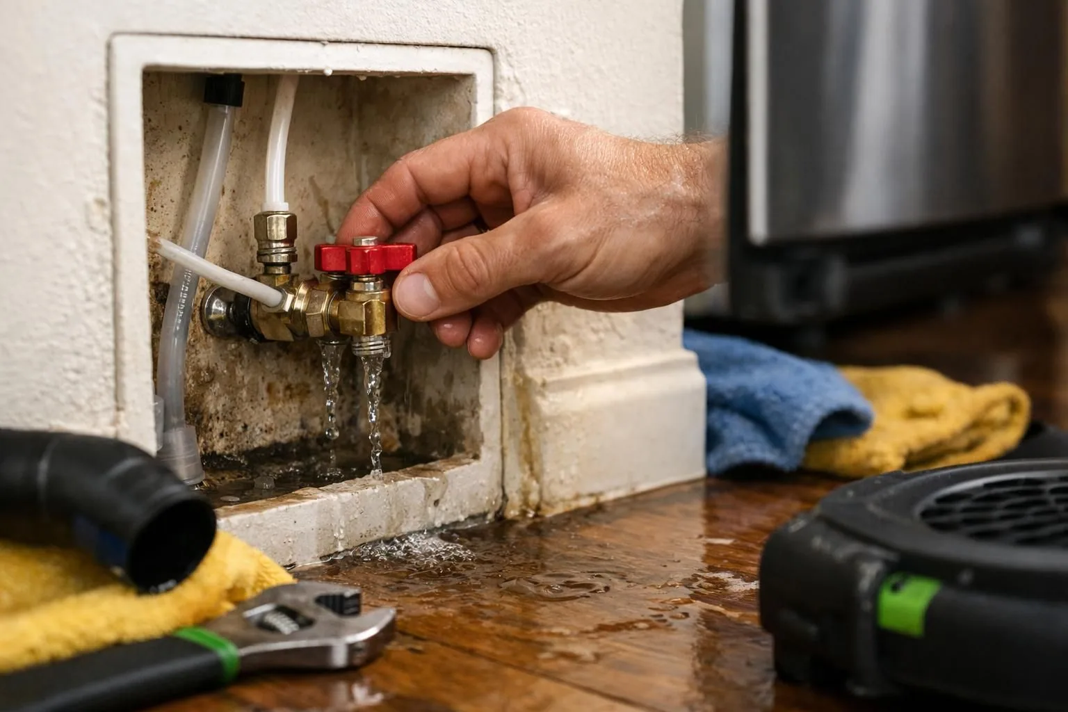 Hand turning red valve on leaking water pipe