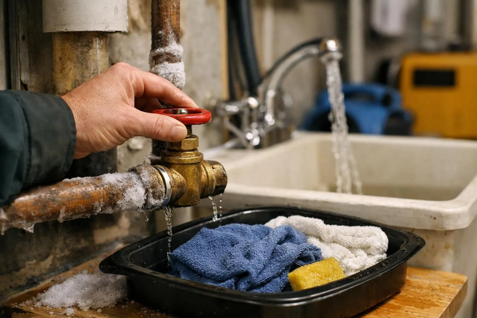 Hand turning red valve on frozen leaking pipe