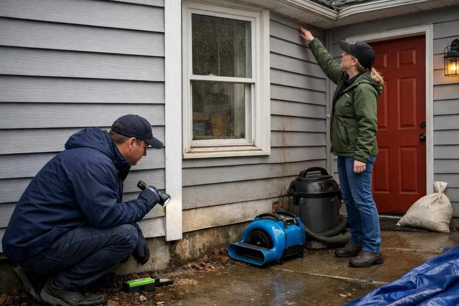 Two inspectors examine house siding near red door