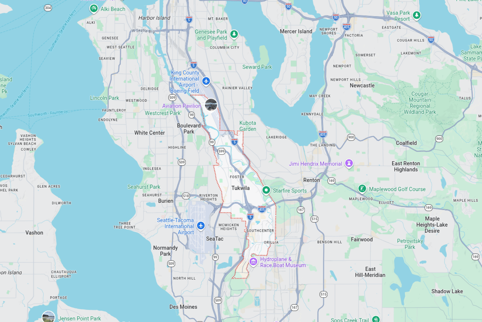 Map showing Tukwila near Seattle-Tacoma International Airport