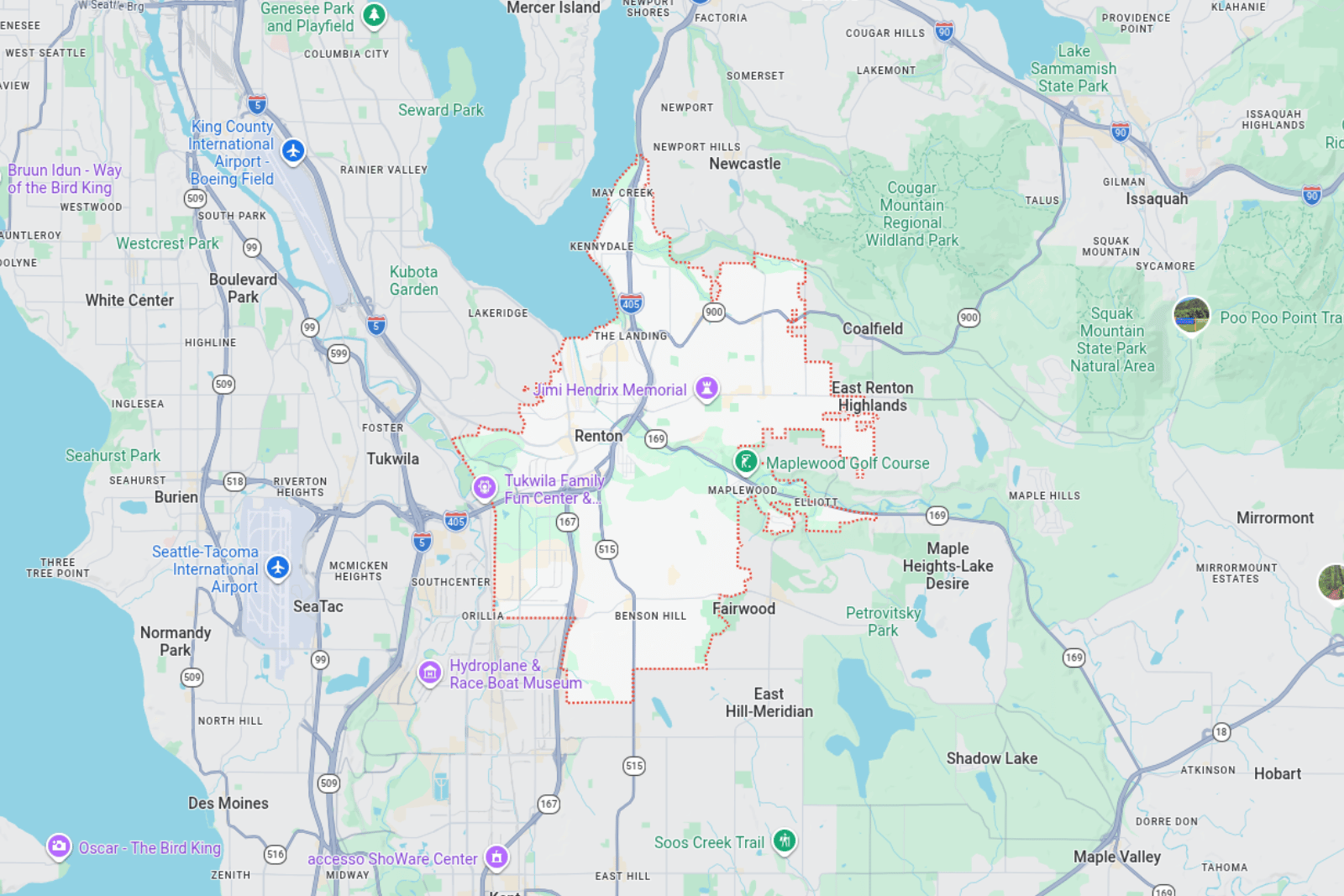 Map showing Renton and surrounding Seattle area landmarks
