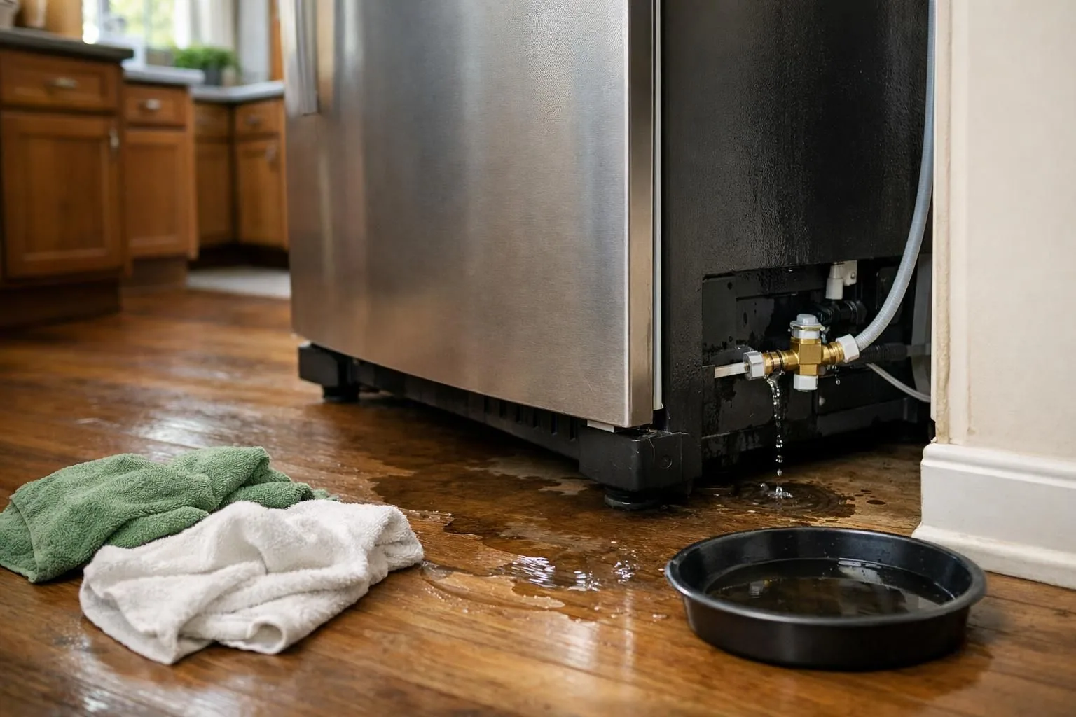 Water leaking from refrigerator line onto floor with towels and pan