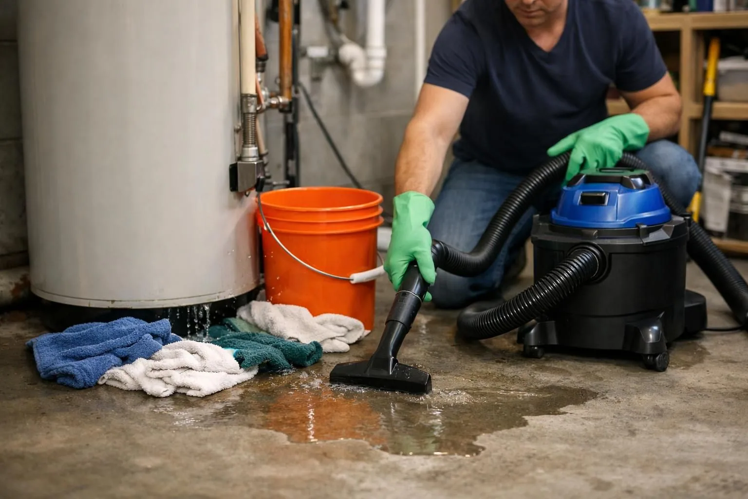 Person using wet vacuum to clean water near heater