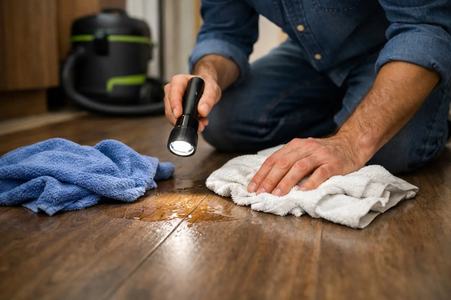 Person checking wet hardwood floor with flashlight and towels