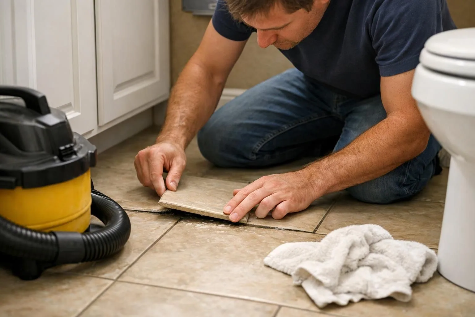 Man lifting loose bathroom floor tile near toilet