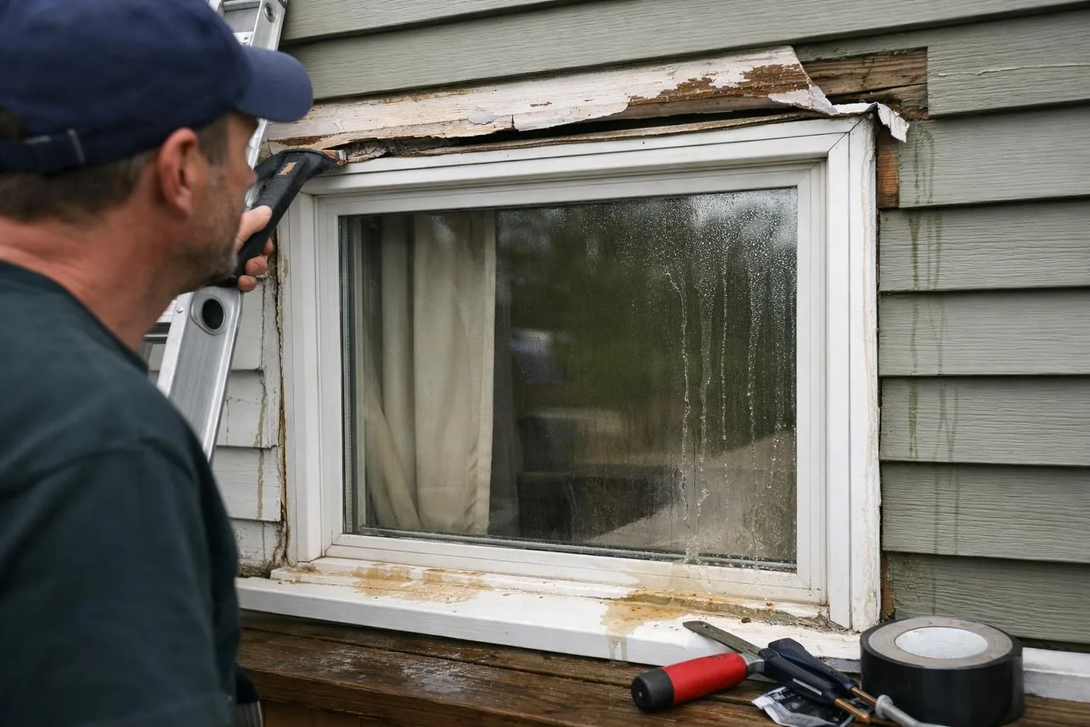 Man repairing rotted window trim on gray siding