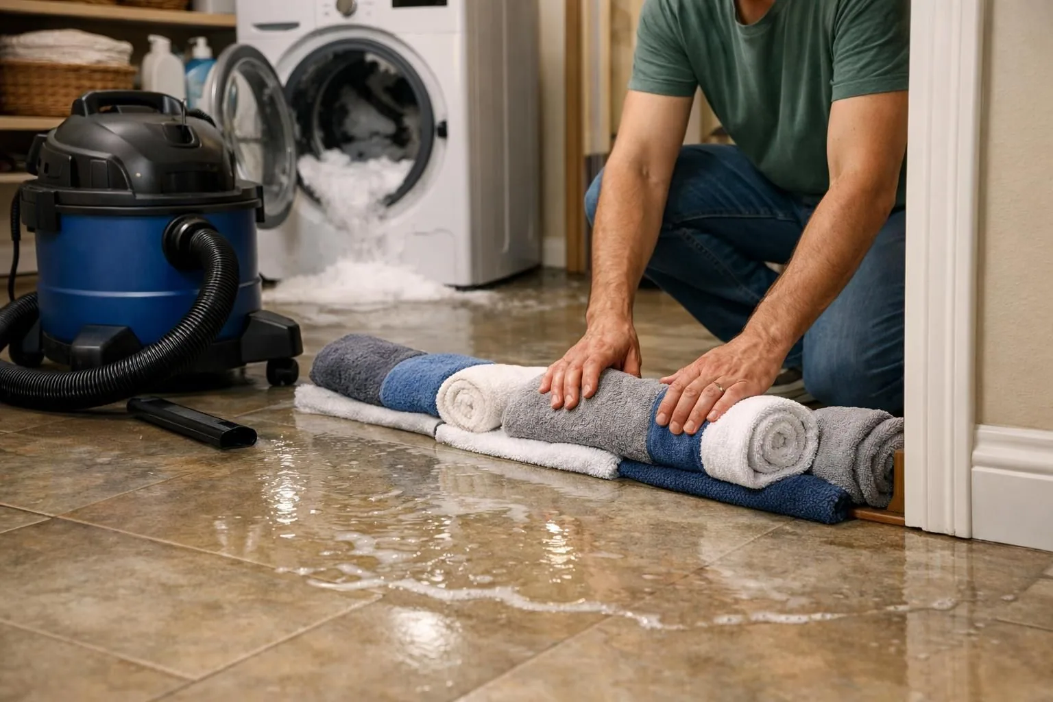 Person rolling towels on wet floor near overflowing washing machine