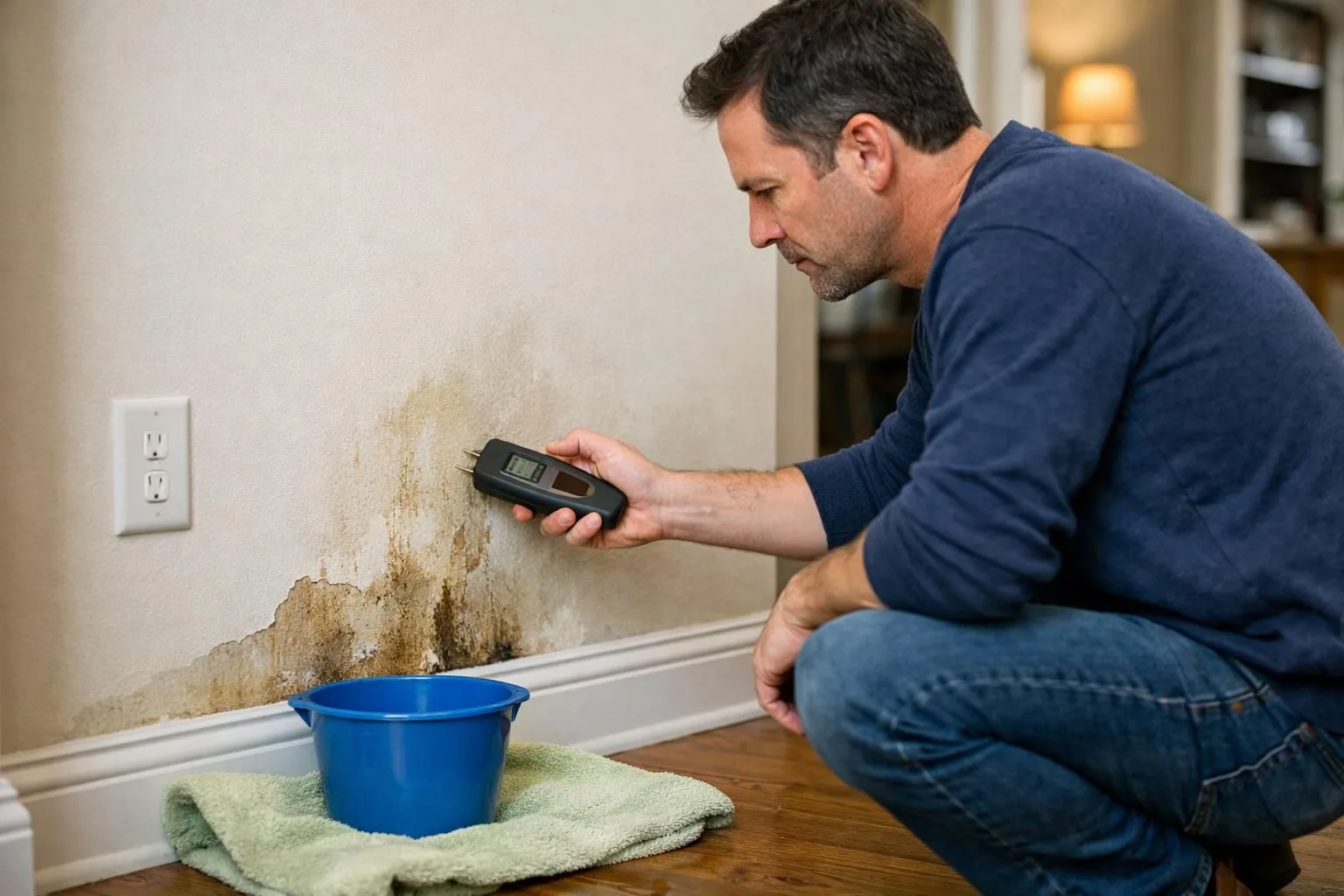 Man using moisture meter on water-stained wall near bucket