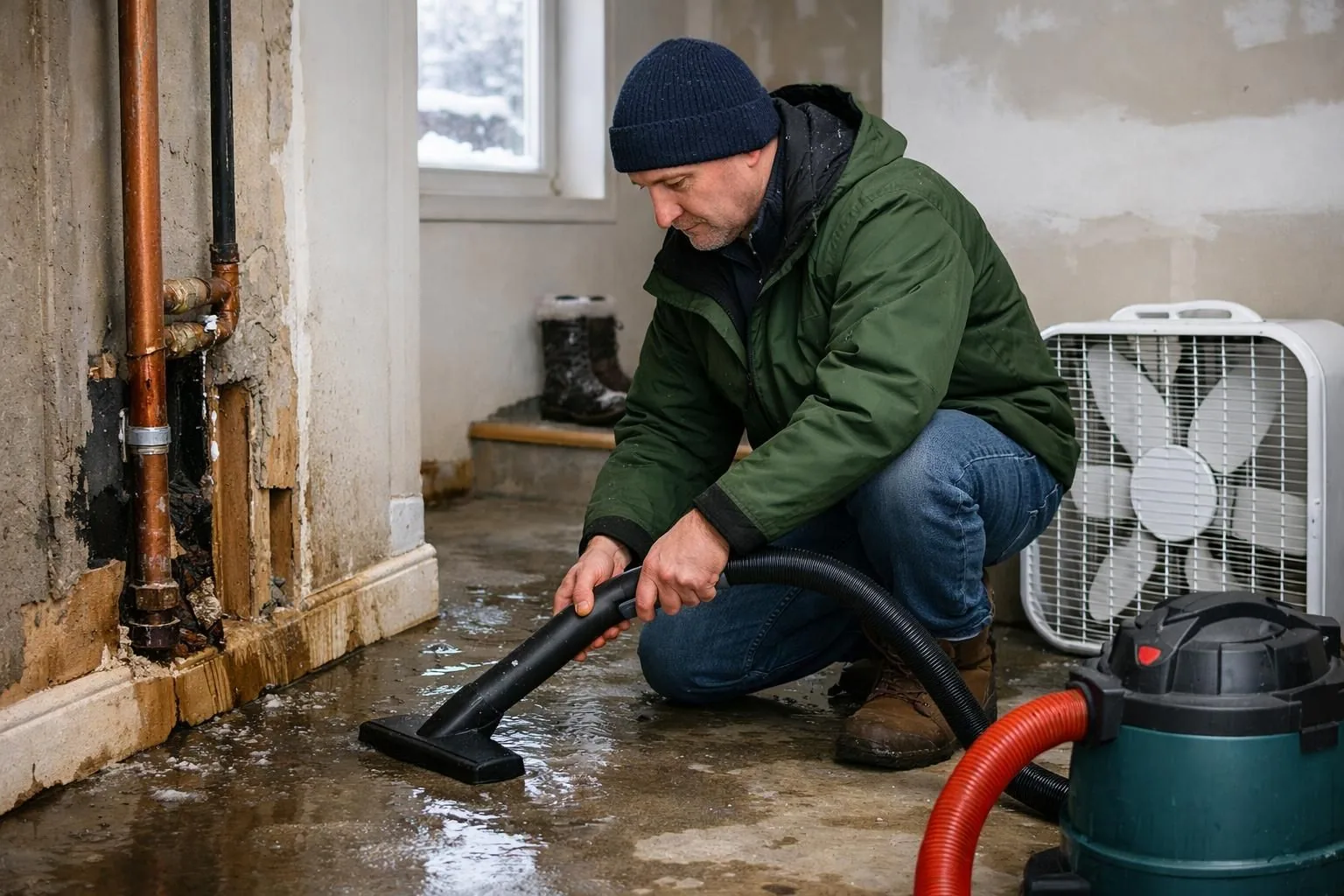 Man using wet vacuum on flooded basement floor