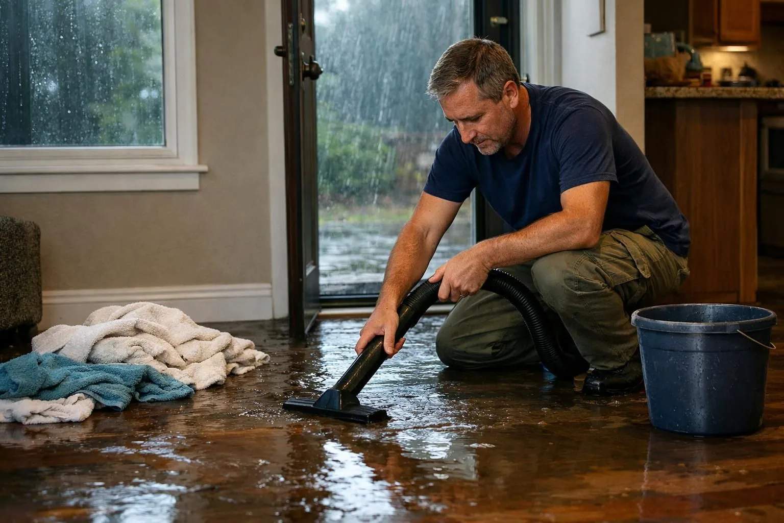 Man vacuuming water from flooded floor near open door
