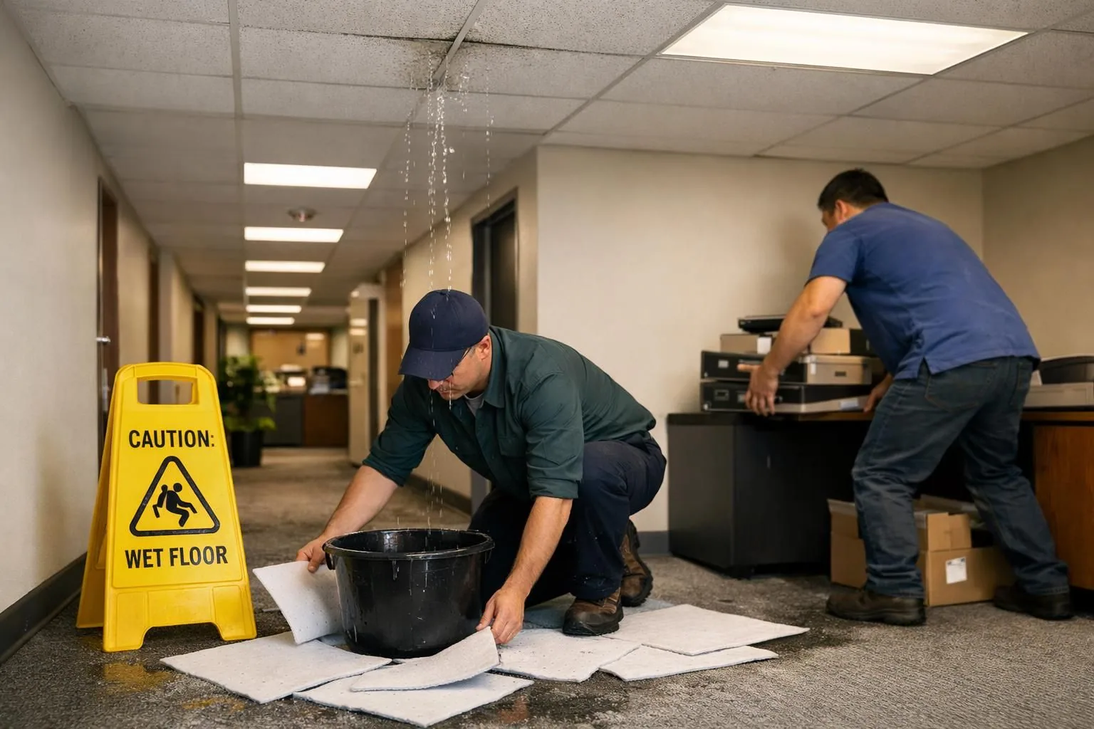 Water dripping from ceiling as workers mop office hallway