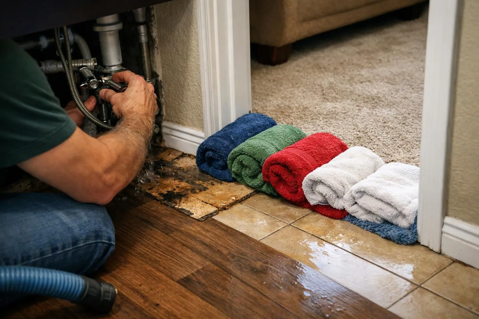 Plumber repairing under sink pipes, towels on wet floor