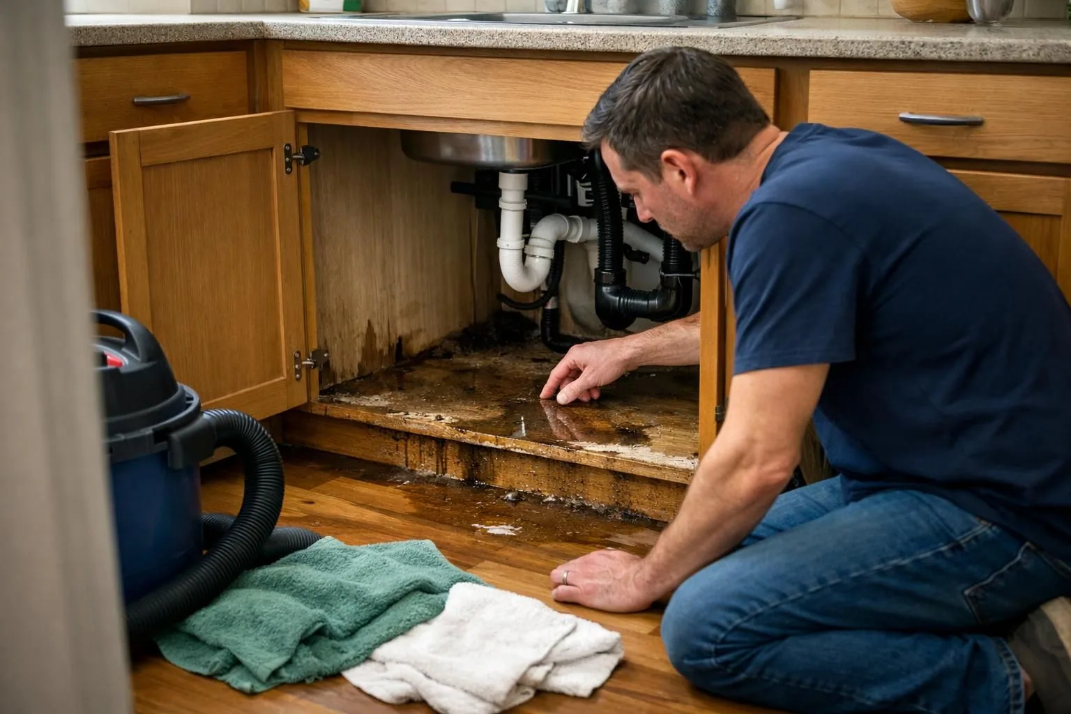Man inspecting water damage under kitchen sink cabinet