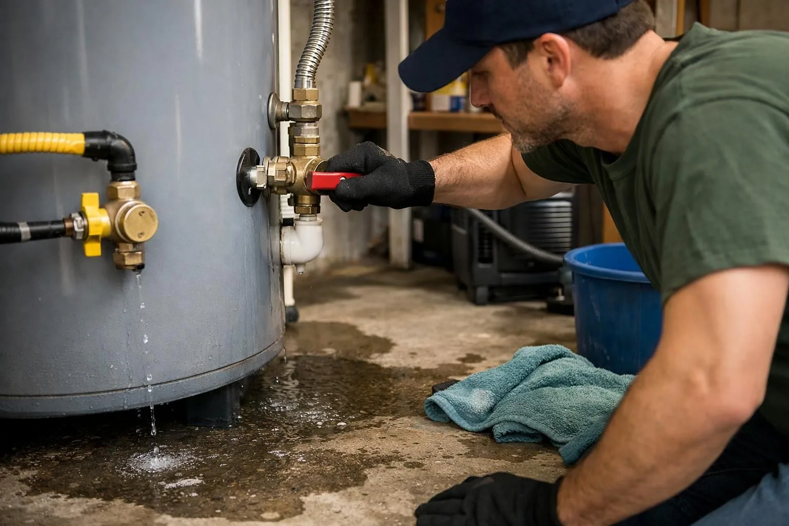 Plumber turning red valve on leaking water heater