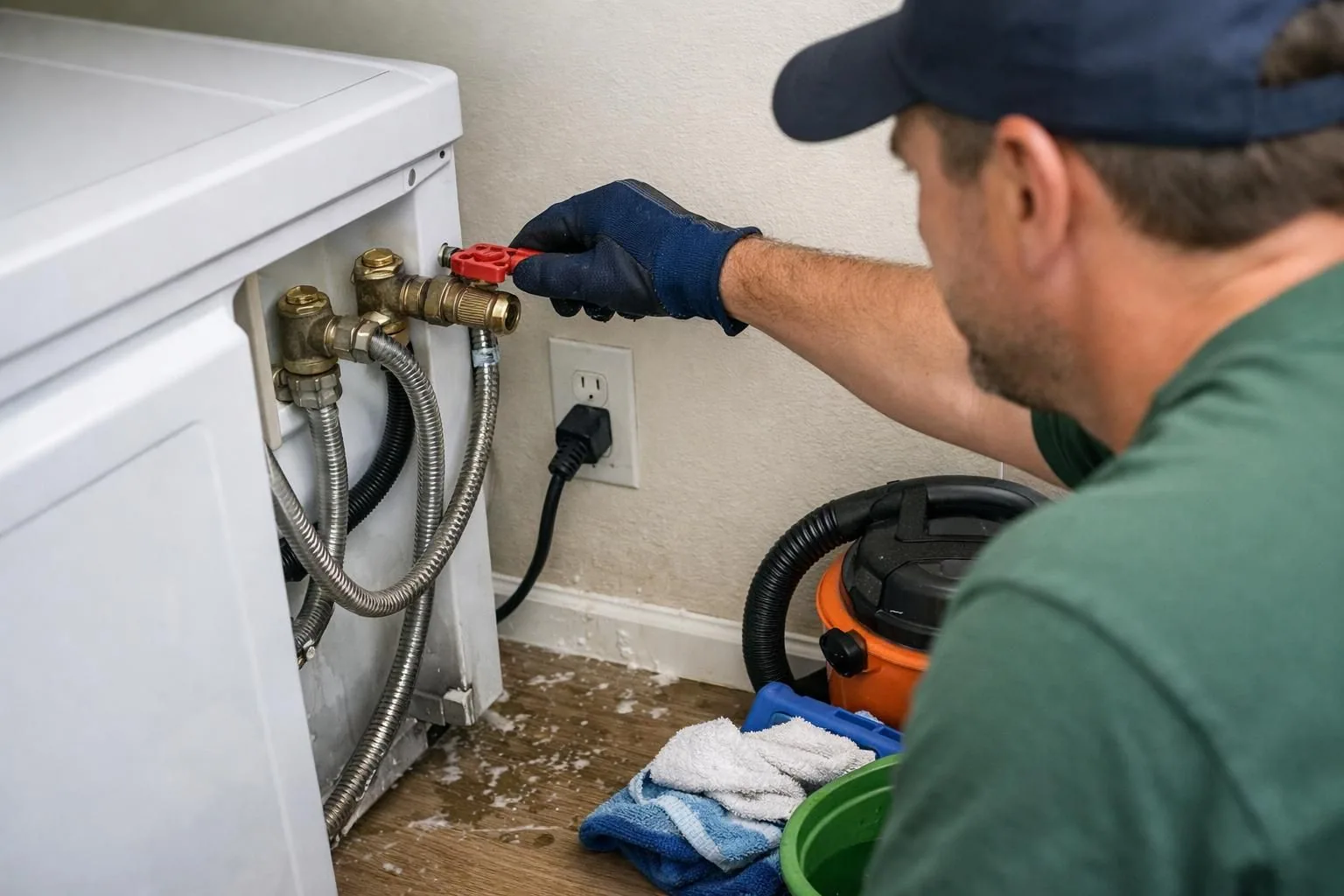 Plumber turning red valve on washing machine water line