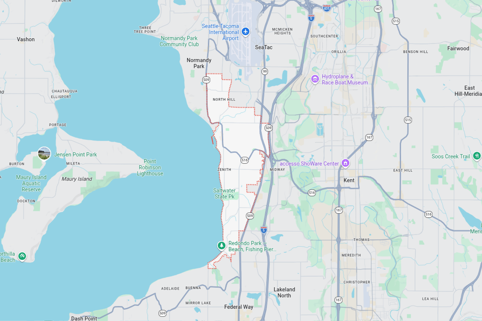 Map of Des Moines, Washington and surrounding areas