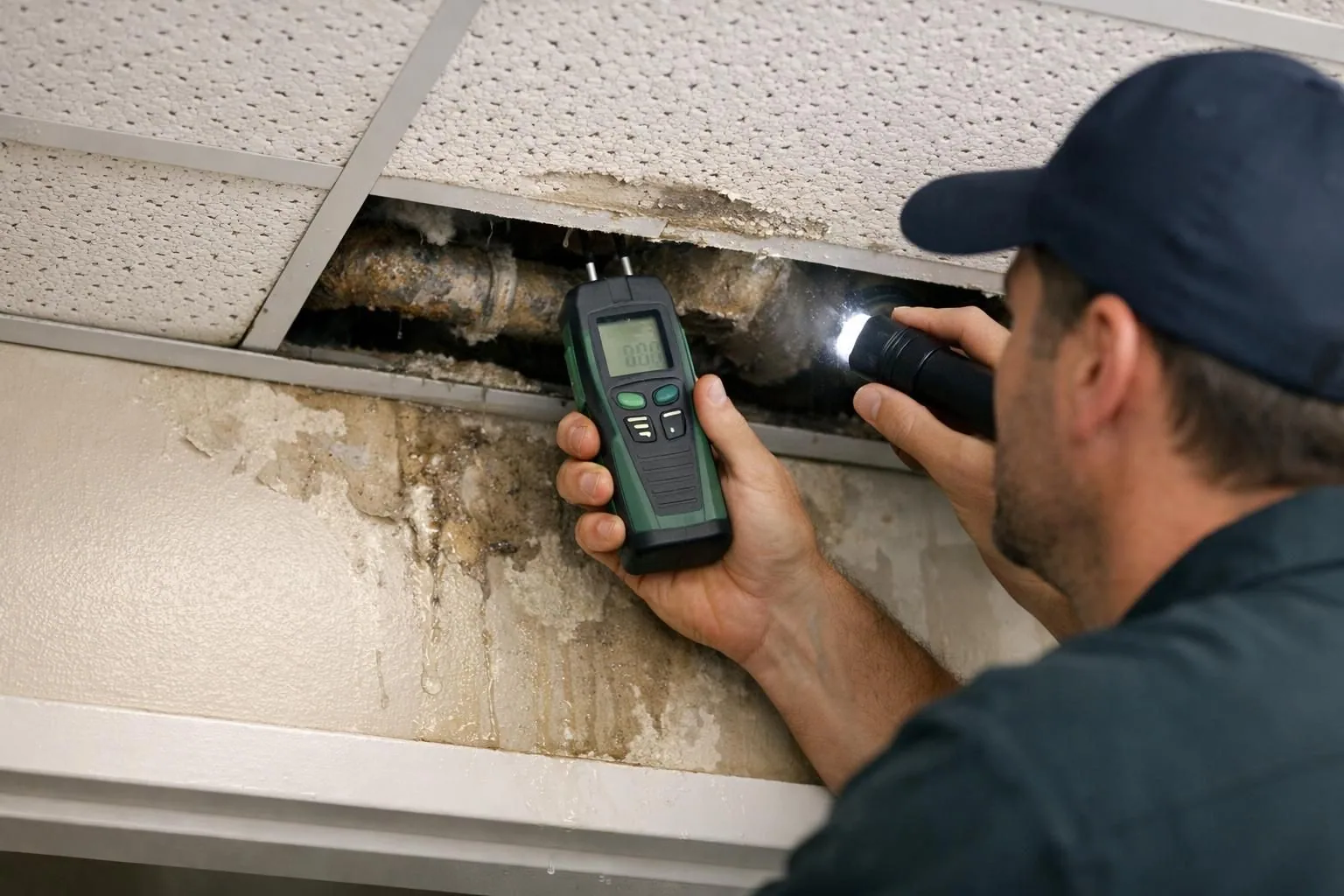 Technician checks ceiling pipe leak with meter and flashlight