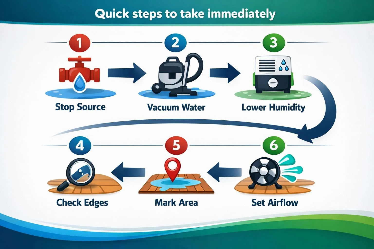 Infographic showing six steps for water damage cleanup