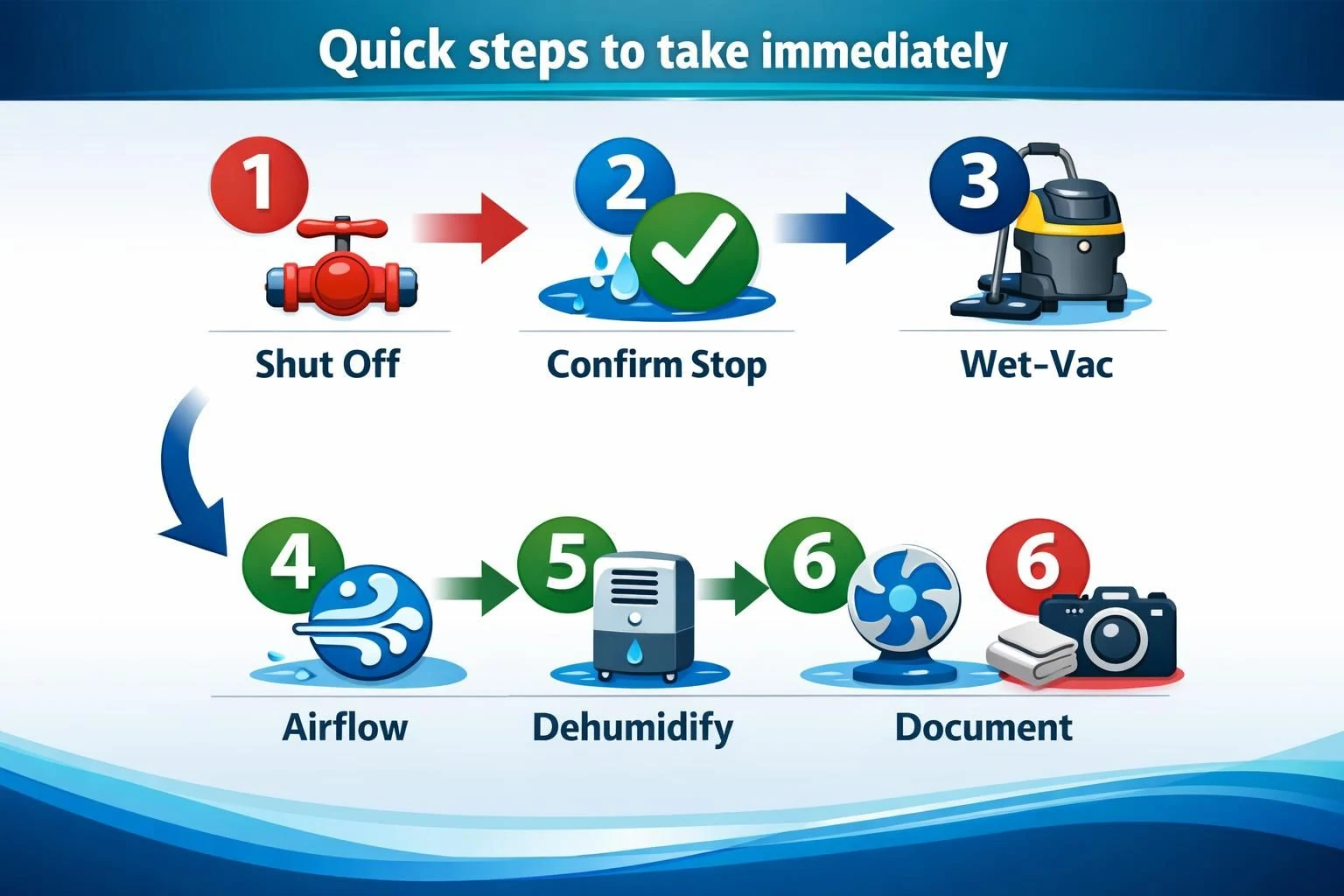 Infographic showing six steps for water damage cleanup