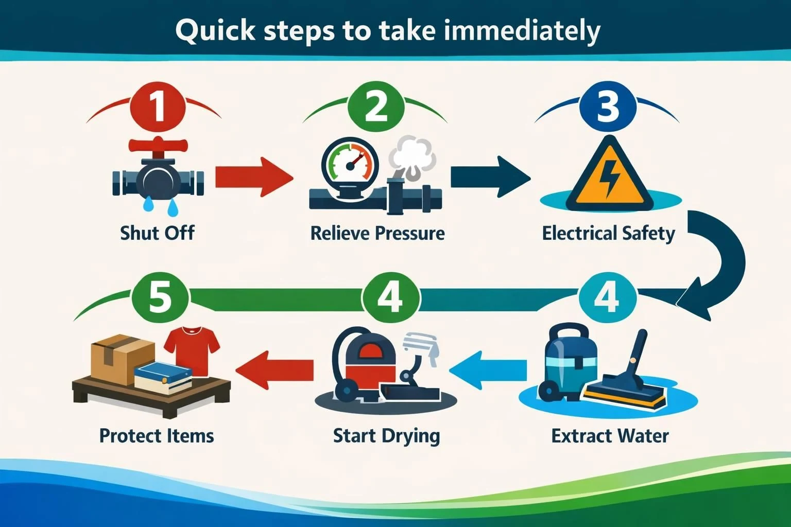 Infographic showing five quick steps for water damage cleanup