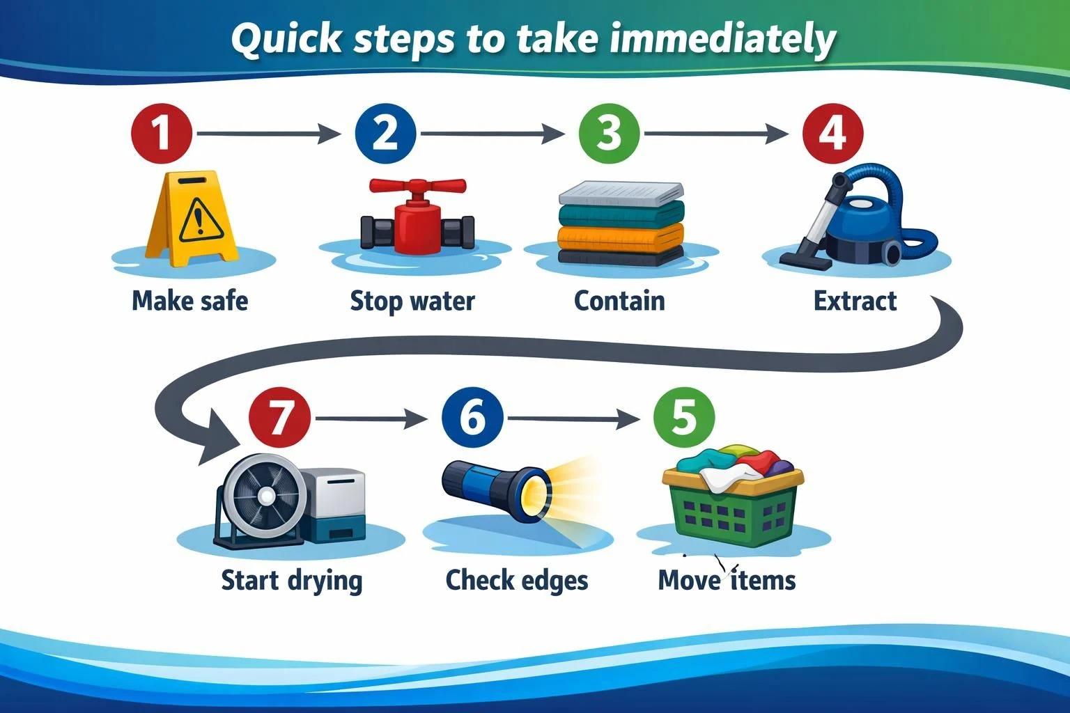 Infographic showing seven steps for water damage cleanup