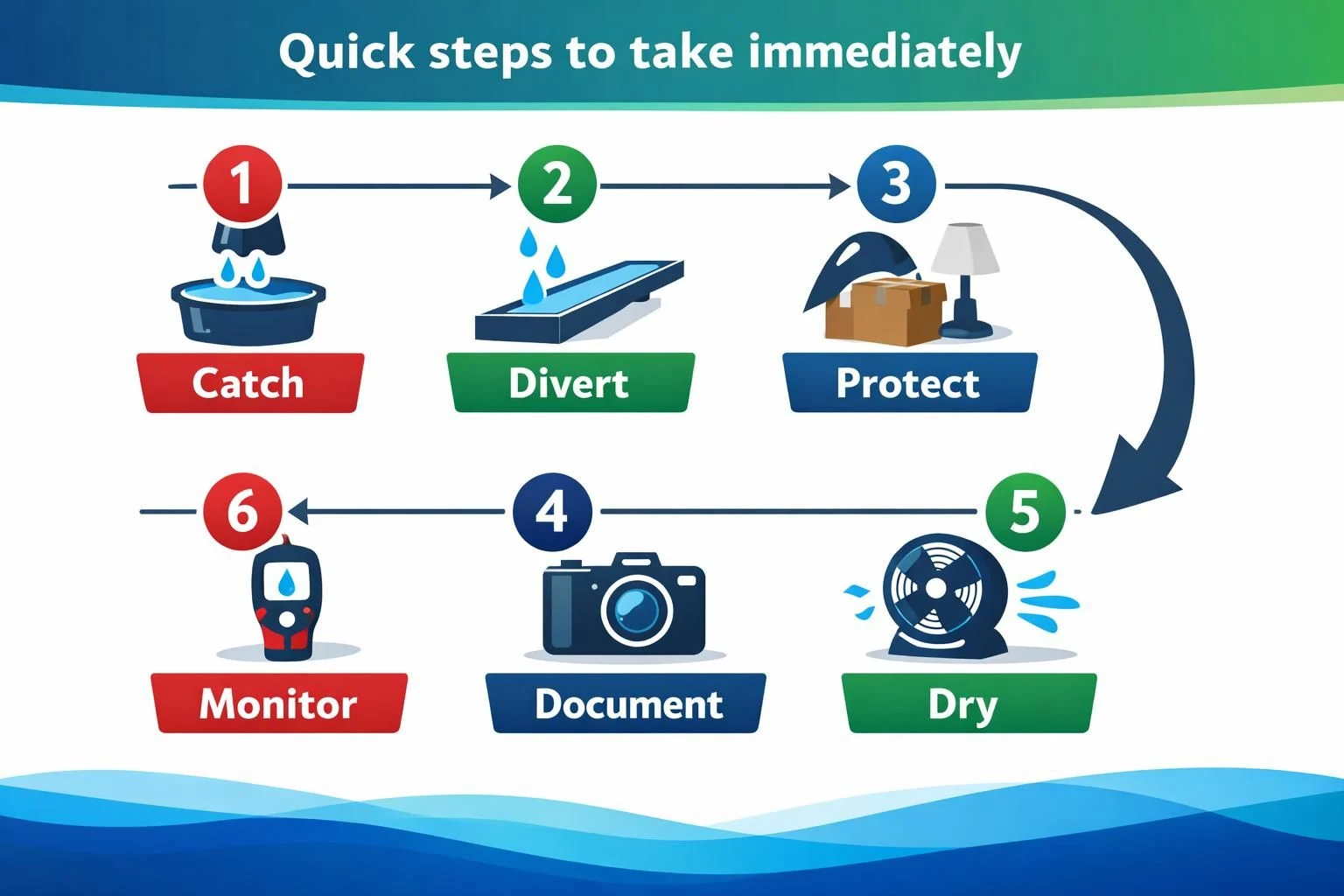 Infographic showing six steps: catch, divert, protect, document, dry, monitor