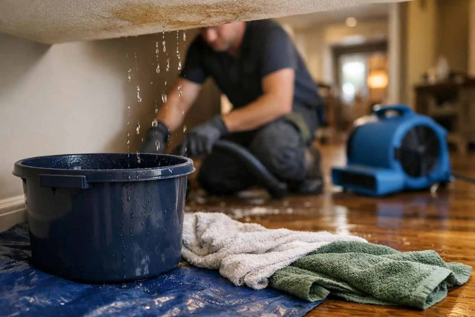 Water dripping into blue bucket during home flood cleanup